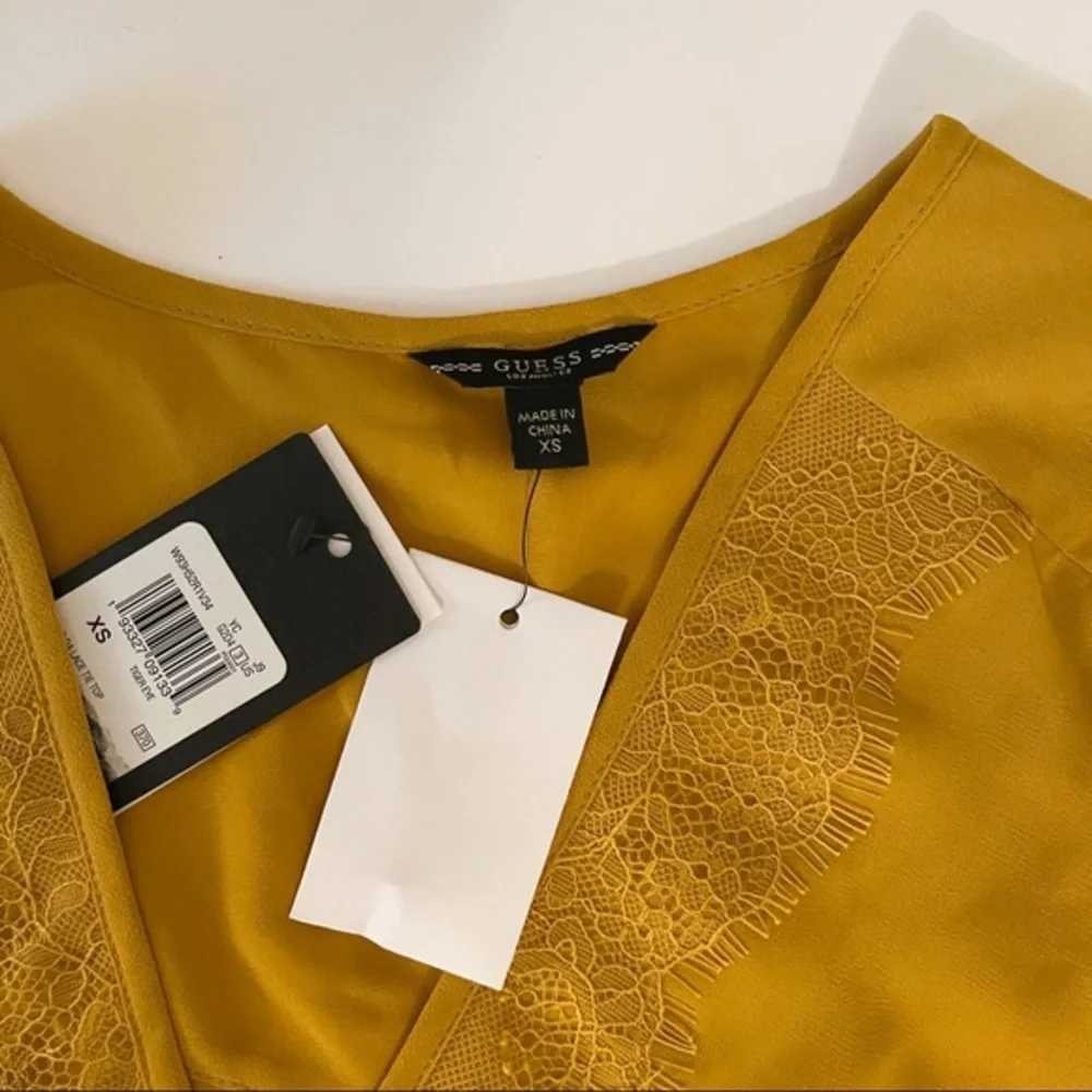 NWT Guess Mustard Long Sleeve Button Front Knotted Bottom Shirt Top Blouse